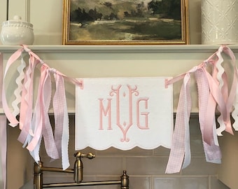 Monogram classic girls scalloped banner pink gingham ribbon baby welcome