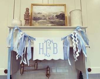 Welcome Baby classic light blue scalloped monogram banner gingham ribbon