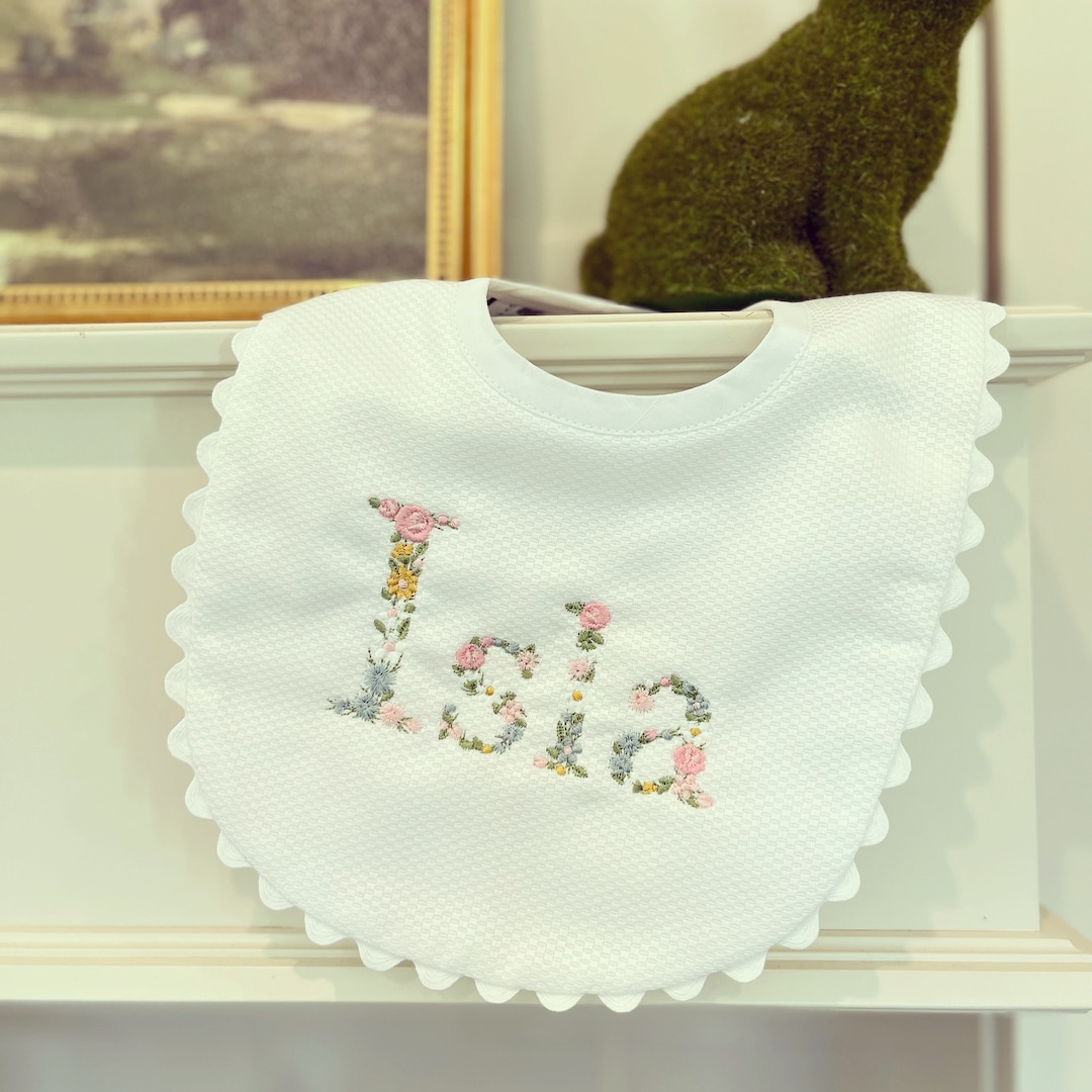 Floral Name Embroidered Scallop Trim Bib