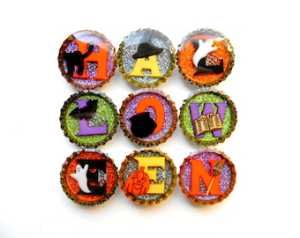 CLEARANCE Halloween Letters Bottle Cap Magnet Set of 9 with Pumpkins Ghosts Bats Witches Hat and Broom