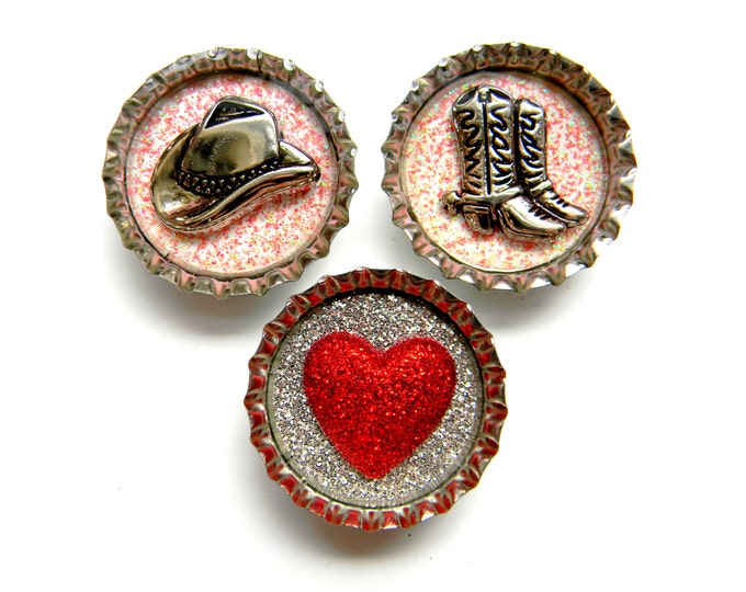 Bottle Cap Fridge Cowboy Hat and Boots Glitter Resin Filled Set