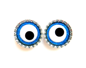 Bottle Cap Magnets - Dark Blue Eyes - Glitter Resin Filled Set of 2