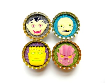 HOLIDAY SPECIAL Bottle Cap Magnets Set of 4 Mummy Vampire Frankenstein Monster