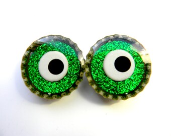 Magnet Set of 2 Monster Eyes Glitter Resin Filled Bottle Cap Magnets