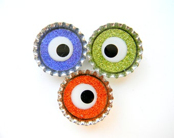 Magnet Set of 3 Halloween Spooky Monster Eyes Glitter Resin Filled Bottle Cap Magnets