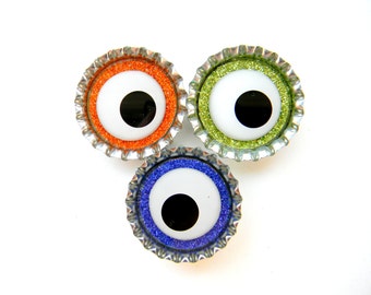 Magnet Set of 3 Halloween Spooky Monster Eyes Glitter Resin Filled Bottle Cap Magnets