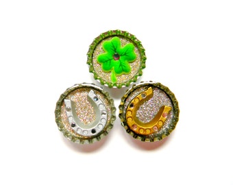 Bottle Cap Magnets - Horseshoes and Lucky Four Leaf Clover - Set of 3