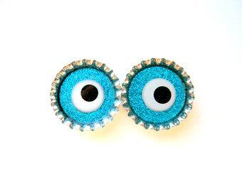 Bottle Cap Magnets - Blue Eyes - Glitter Resin Filled Set of 2