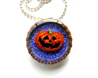 Bottle Cap Necklace Pumpkin on Purple