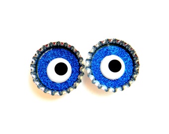 Bottle Cap Magnets - Dark Blue Eyes Small - Glitter Resin Filled Set of 2