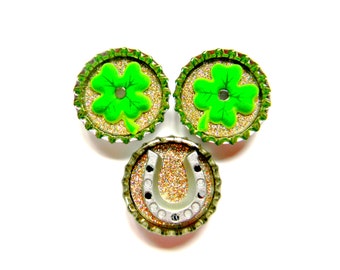 Bottle Cap Magnets - Horseshoe and Lucky Four Leaf Clovers - Set of 3