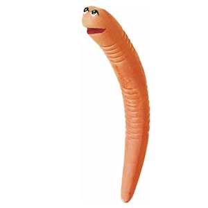 May include: A brown worm puppet with a smiling face and black eyes. The worm is made of soft, textured material and has a segmented body.