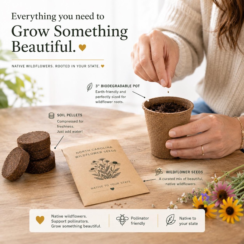 May include: A gardening kit featuring a 3-inch biodegradable pot, compressed soil pellets, and a packet of North Carolina wildflower seeds. The text reads: Everything you need to Grow Something Beautiful. Native wildflowers. Rooted in your state.