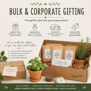 May include: A cardboard gift box containing three packets of herb seeds, a small potted rosemary plant, and a small potted basil plant. A separate gift box with a tag is included. Text includes BULK & CORPORATE GIFTING and THANK YOU.