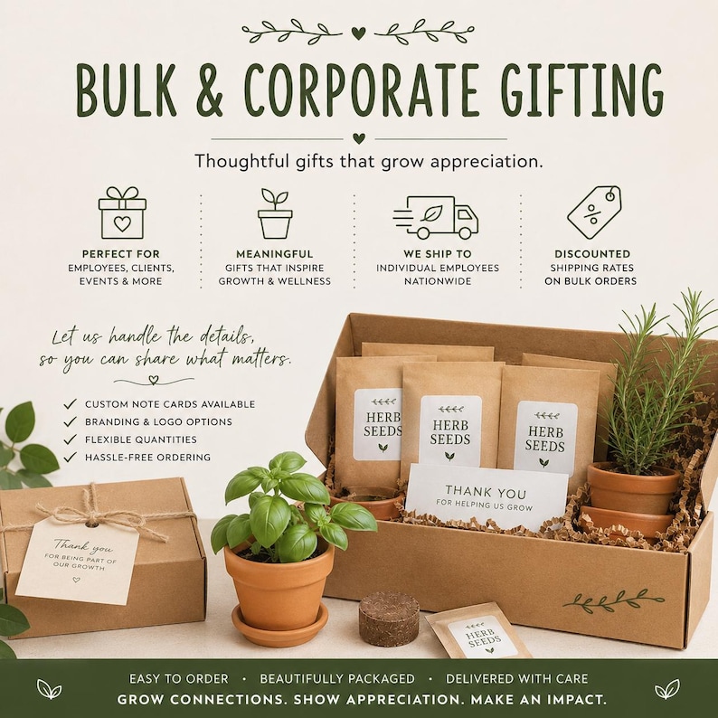 May include: A cardboard gift box containing three packets of herb seeds, a small potted rosemary plant, and a small potted basil plant. A separate gift box with a tag is included. Text includes BULK & CORPORATE GIFTING and THANK YOU.