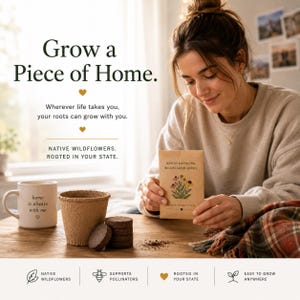 May include: A packet of North Carolina wildflower seeds with a floral illustration, a beige ceramic mug with the text 'home is always with me', a textured brown fiber pot, and a small stack of compressed soil discs on a wooden surface.