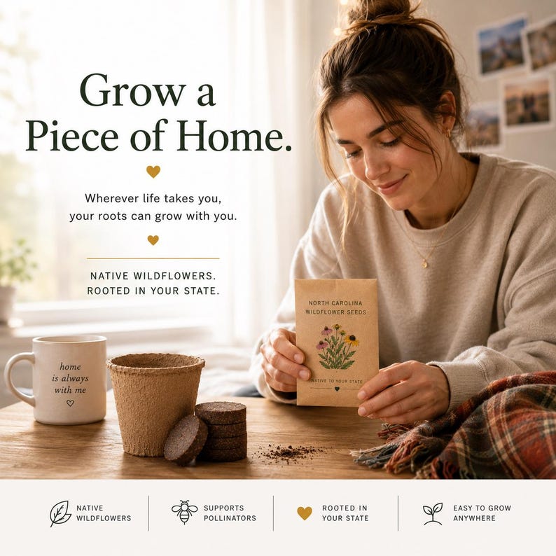 May include: A packet of North Carolina wildflower seeds with a floral illustration, a beige ceramic mug with the text 'home is always with me', a textured brown fiber pot, and a small stack of compressed soil discs on a wooden surface.