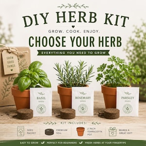 May include: A DIY herb kit with basil, rosemary, and parsley. Each herb is in a terracotta pot with a seed packet and soil. The kit includes everything needed to grow herbs, with the text "DIY HERB KIT" at the top.