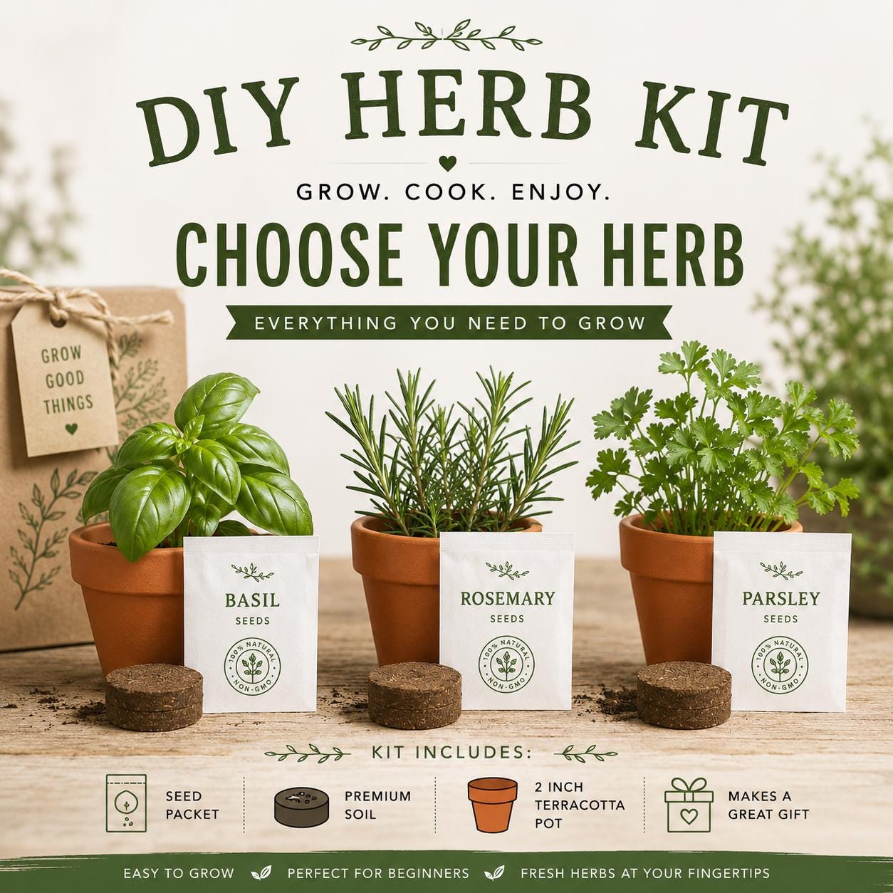 DIY Herb Grow Kit - Choose Your Herb - Mini Terracotta or Eco-Friendly Pot - Beginner Indoor Garden Gift - Herb Seed Starter Kit