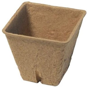 May include: A square, brown, biodegradable plant pot made from recycled materials. The pot has a textured surface and is designed for starting seeds or transplanting small plants. The pot is empty and ready for use.