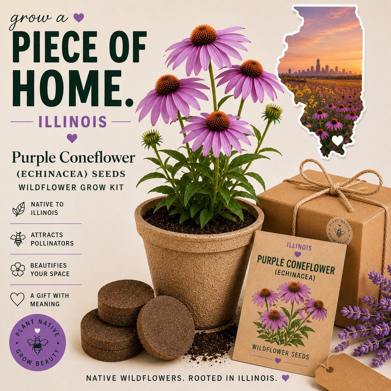 Illinois Purple Coneflower Grow Kit Echinacea Seeds Illinois Gift State Flower Grow Kit Wildflower Seed Kit Grow a Piece of Home