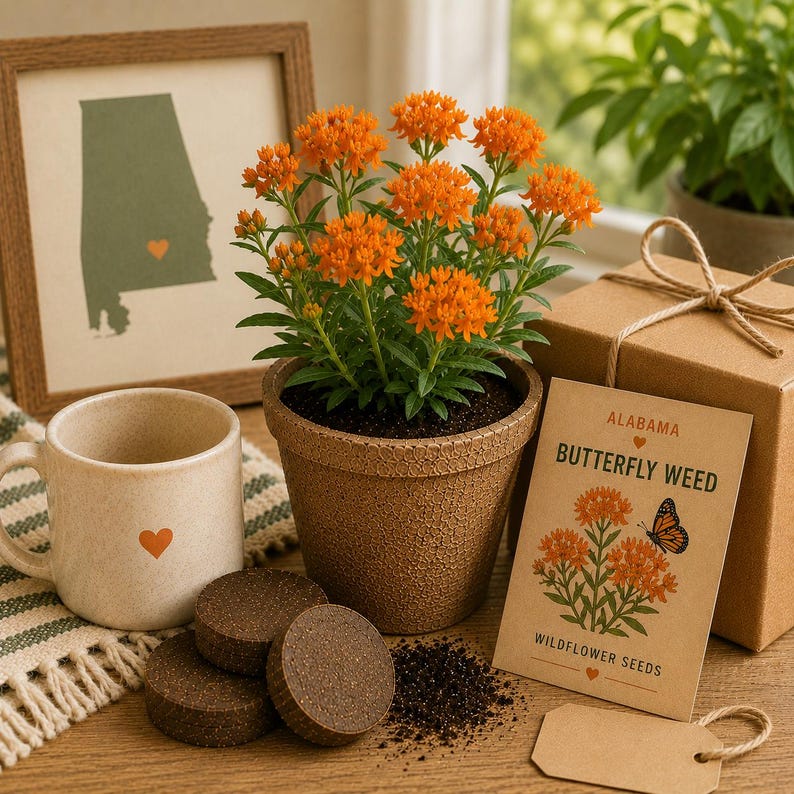May include: A potted butterfly weed plant with bright orange flowers, a beige mug with a small orange heart, three brown soil discs, a gift box with twine, a framed Alabama map print, and a seed packet labeled Alabama Butterfly Weed Wildflower Seeds.