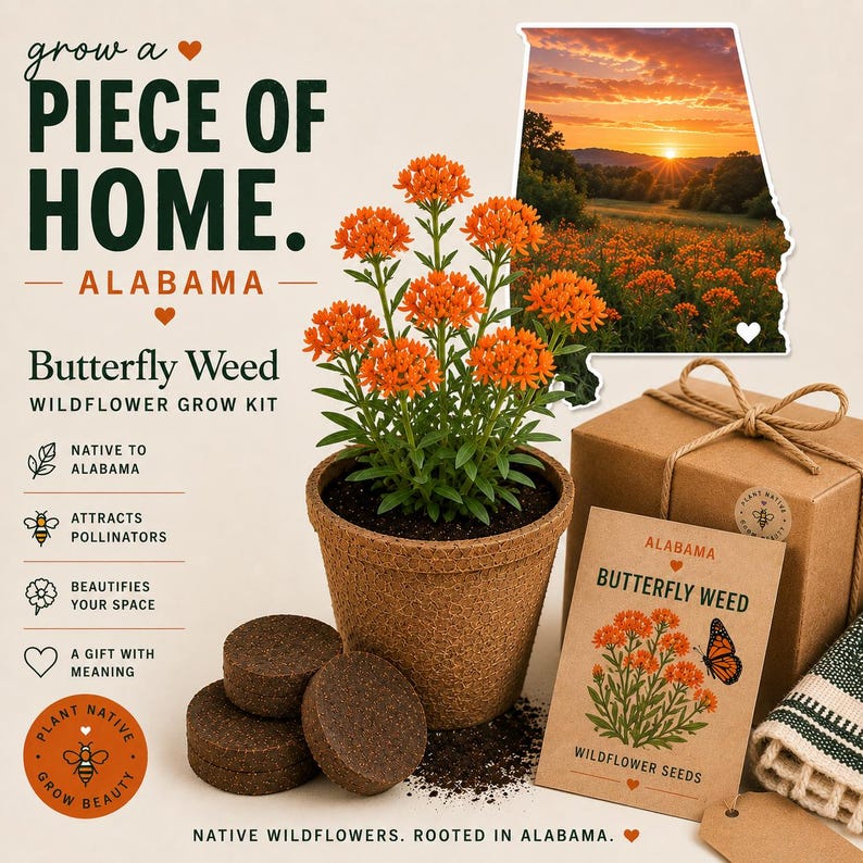 May include: A Butterfly Weed wildflower grow kit featuring a brown pot with a green plant, three soil discs, and a seed packet labeled Alabama Butterfly Weed. Text includes Grow a Piece of Home, Alabama, and Native Wildflowers Rooted in Alabama.