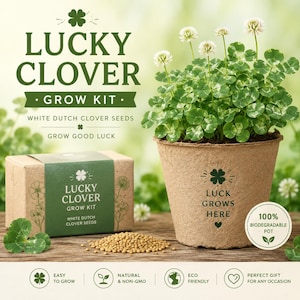 May include: A Lucky Clover grow kit with white Dutch clover seeds. The image shows a potted clover plant with white flowers, a box of seeds, and the text "Luck Grows Here" on the pot. The kit is eco-friendly and easy to grow.