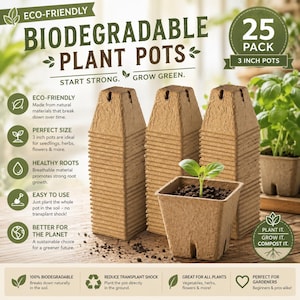May include: A stack of 25 biodegradable plant pots, each 3 inches in size, made from natural materials. The image includes a small plant growing in one of the pots, with text that reads "Start Strong. Grow Green."