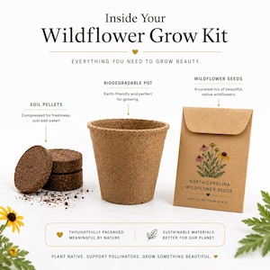 May include: A wildflower grow kit containing three compressed soil pellets, a tan biodegradable pot, and a brown paper packet labeled North Carolina Wildflower Seeds. The text reads Inside Your Wildflower Grow Kit, Everything You Need To Grow Beauty, Thoughtfully Packaged, Meaningful By Nature, Sustainable Materials, Better For Our Planet, Plant Native, Support Pollinators, Grow Something Beautiful.
