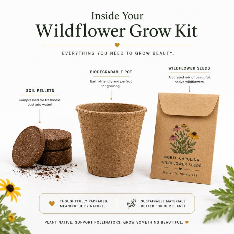 May include: A wildflower grow kit containing three compressed soil pellets, a tan biodegradable pot, and a brown paper packet labeled North Carolina Wildflower Seeds. The text reads Inside Your Wildflower Grow Kit, Everything You Need To Grow Beauty, Thoughtfully Packaged, Meaningful By Nature, Sustainable Materials, Better For Our Planet, Plant Native, Support Pollinators, Grow Something Beautiful.