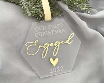 3D Our First Christmas Engaged 2023- Hexagon- Christmas Bauble- Engagement bauble-Christmas Decoration- Bauble- Frosted Perspex bauble