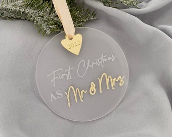 3D First Christmas as Mr & Mrs 2023- Christmas Bauble- Newlyweds 2023- First Christmas Married -Christmas Decoration-Frosted Acrylic bauble