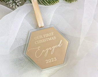 Our First Christmas Engaged 2023- Hexagon- Christmas Bauble- Engagement-Christmas Decoration- Bauble- Frosted Acrylic bauble