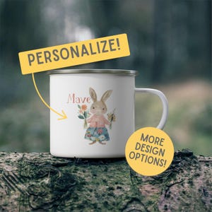 Personalized Whimsical Bunny Enamel Mug: Custom Kids Hot Cocoa Cup, Choose from a Rabbit, Llama, Narwal Design, Adorable Girl Gift