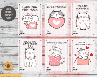 Cat Valentines Day Cards, Printable Cat Cards, Kitten Valentines, Kids Valentine Cards, DIY Valentine Cards, Digital Download