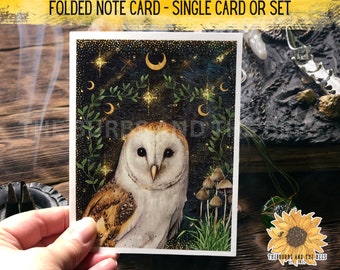 Watercolor Barn Owl Note Card: Dark Academia Botanical Greeting Card