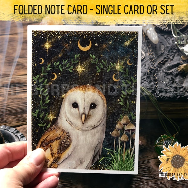 Owl Note Card, Dark Academia Art, Botanical Stationary, Whimsical Greeting Cards, Barn Owl, Handmade, Gift for Friend, Single Card or Set