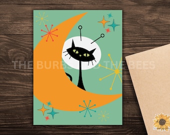 Mid Century Modern Cat Greeting Cards: Retro Space Design