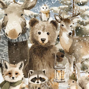 May include: A watercolour illustration of woodland animals in a snowy scene. A moose, bear, deer, fox, raccoon, and squirrel are depicted, some wearing scarves and hats. An owl perches atop the bear. A lantern is held by the bear. Berries and snow complete the winter theme.