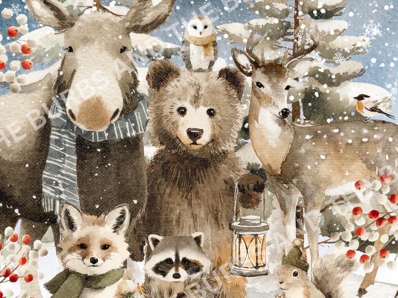 May include: A watercolour illustration of woodland animals in a snowy scene. A moose, bear, deer, fox, raccoon, and squirrel are depicted, some wearing scarves and hats. An owl perches atop the bear. A lantern is held by the bear. Berries and snow complete the winter theme.
