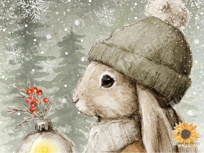 May include: A watercolor illustration of a brown rabbit wearing a dark green knit beanie with a pom-pom and a matching scarf. The rabbit is positioned next to a glass ornament filled with red berries, set against a snowy forest background.