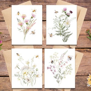 Bee Notecard Set: Botanical Watercolor Bumblebee Greeting Cards