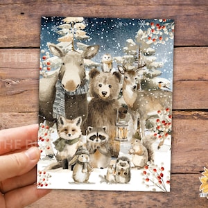 May include: A watercolour illustration depicting a winter woodland scene with various animals. The image includes a moose, bear, deer, fox, raccoon, owl, rabbit, squirrel, and hedgehog, set against a snowy backdrop with trees and red berries.