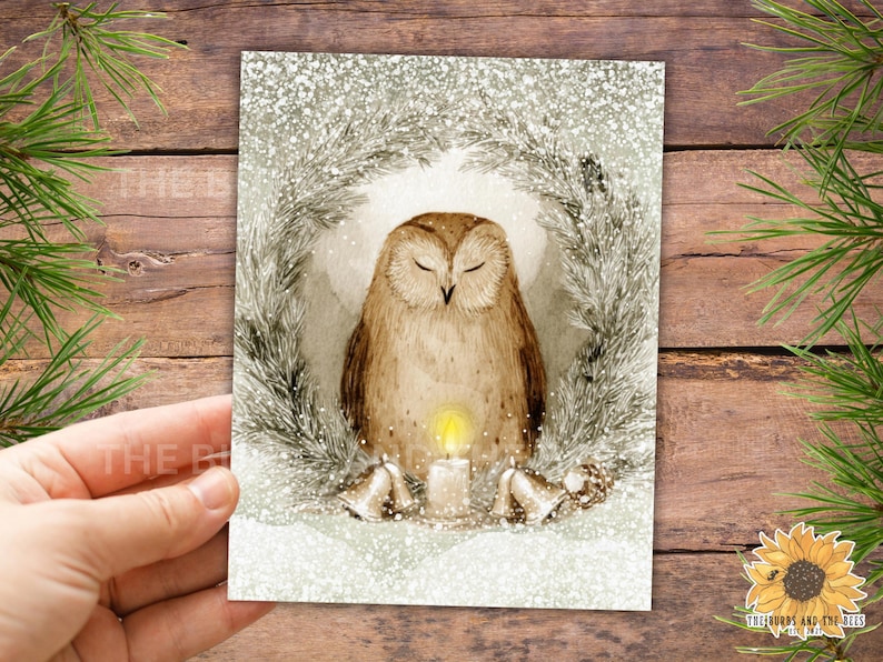 Watercolor Owl Christmas Card Set: Snowy Wreath Holiday Notecards - Etsy