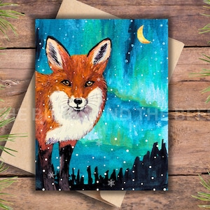 Fox Christmas Cards: Watercolor Northern Lights Holiday Notecard Set