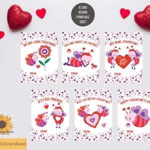 Tarjetas del Día de San Valentín de abejas, tarjetas de abejas imprimibles, tarjetas de San Valentín para niños, tarjetas de San Valentín DIY, descarga digital