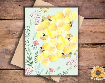 Watercolor Honeybee Notecards: Whimsical Bee Blank Greeting Cards