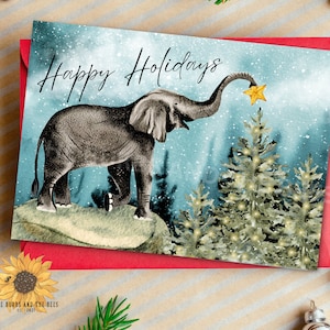 Elephant Christmas Card, Elephant Holiday Card, Cute Elephant Card, Watercolor Card, Gift For Elephant Lovers, 5x7 Individual Card or Set
