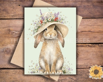 Watercolor Spring Bunny with Wildflower Hat Greeting Card: Blank Easter notecards